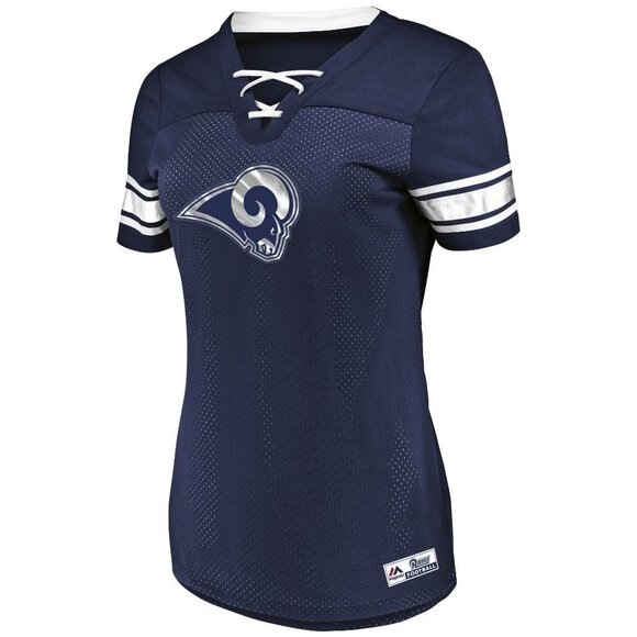 Majestic Tops - Majestic Women's NFL Draft Me Lace-Up Short-Sleeved Top – Los Angeles Rams
